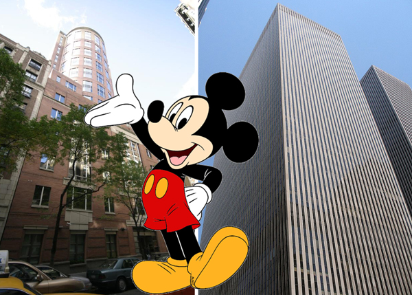 From left: 77 West 66th Street, Mickey Mouse (credit: Disney) and 1211 Sixth Avenue