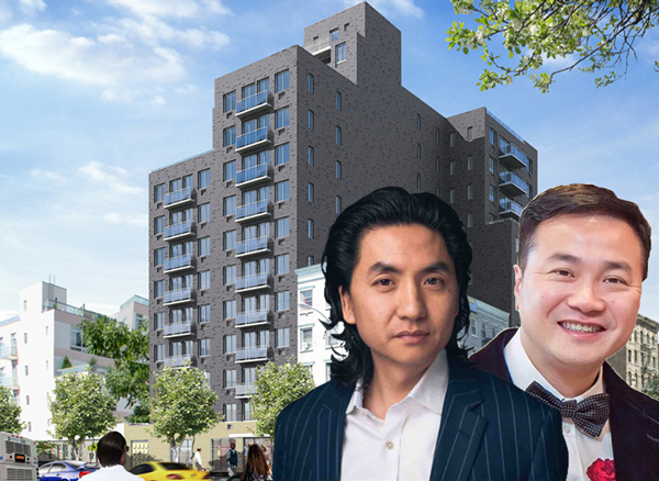 From left: Rendering of 208 Delancey, Bentley Zhao and Andy Zhu (Credit: Times Group Construction and LinkedIn)