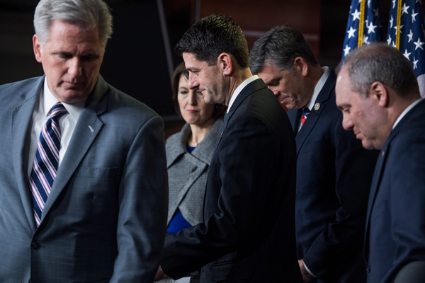 From left: House Majority Leader Kevin McCarthy, House Republican Conference Chair Cathy McMorris Rodgers, Speaker Paul Ryan, Rep. Darin LaHood and House Majority Whip Steve Scalise, conduct a news conference in the Capitol Visitor Center after a meeting of the Conference where they spoke about the tax bill (Credit: Getty Images)