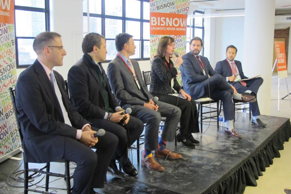 From left: Seth Pinsky of RXR Realty, Brian Waterman of Newmark Knight Frank, David Brause of Brause Realty, Elizabeth Lusskin of LIC Partnership, Jay Fehskens of Atlas Capital, and moderator Chad Sinsheimer of Eastern Consolidated (Credit: Eddie Small for The Real Deal)