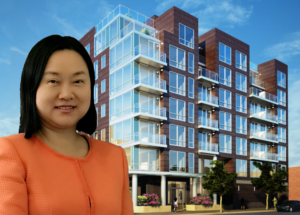 Lily Guo and a rendering of 46-20 11th Street (Credit: Raymond Chan Architects)