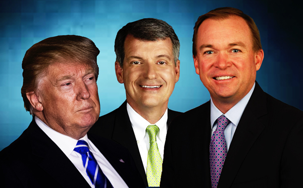 From left: President Donald Trump (credit: Getty Images), Wells Fargo CEO Tim Sloan and Mick Mulvaney
