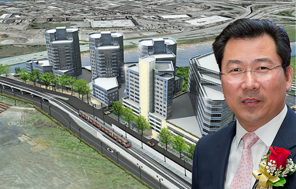 Chris Xu and a rendering of River Park Place (Credit: Ismael Levya)
