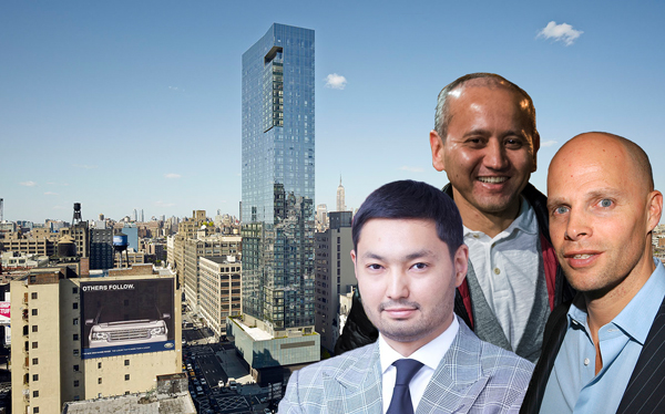 From left: Trump Soho, Kenges Rakishev, Mukhtar Ablyazov and Keith Rubenstein (Credit: Trump Organization and Getty Images)