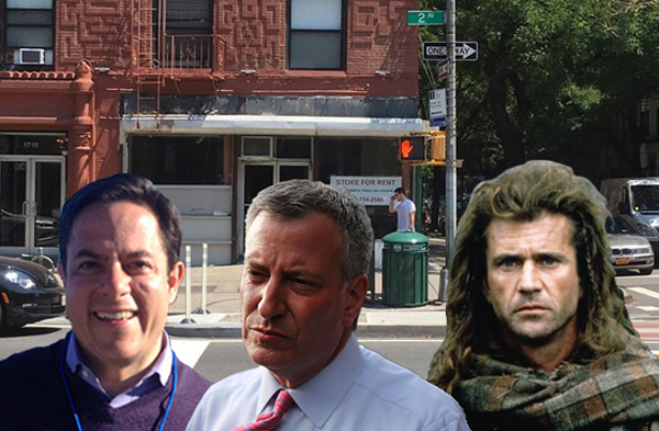 Dan Garodnick, Bill de Blasio, Mel Gibson as William Wallace, and a vacant NYC storefront (Credit: Icon Productions)