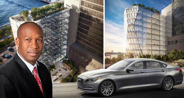Genesis General Manager Erwin Raphael and renderings of 40 Tenth Avenue (Credit: Genesis and Studio Gang Architects)