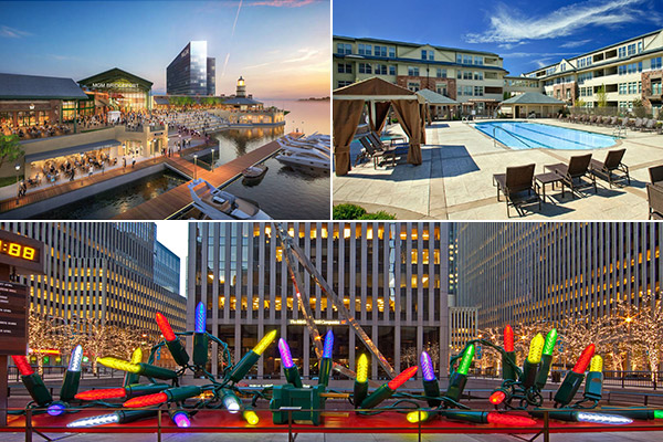 Clockwise from top left: MGM's proposed casino in Bridgeport faces competition, 597 Westport in Norwalk sold for $106M, and festive lighting company American Christmas sold its Mount Vernon warehouse.