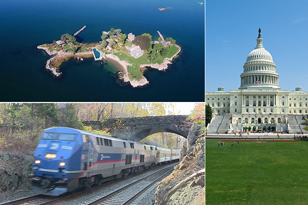 Clockwise from top left: Tavern Island off the coast of Norwalk, tax bills in the U.S. Capitol have Realtors worried, and the RPA wants massive rail projects to spur growth.