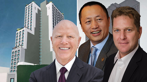 From left: Renderings of 10 Nevins Street, Ozarks’ George Gleason, China Vanke’s Yu Liang and Adam America’s Omri Sachs (Credit: Danya Cebus Construction and Getty Images)