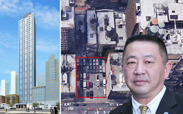 From left: Rendering of 140 West 28th Street, the current site, and Sam Chang (Credit: Eastern Consolidated and Google Maps)