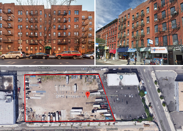 Clockwise from top left: 143-48 41st Avenue, 186-188 First Avenue and 378 Greenpoint Avenue (Credit: Ariel Property Advisors and Google Maps)