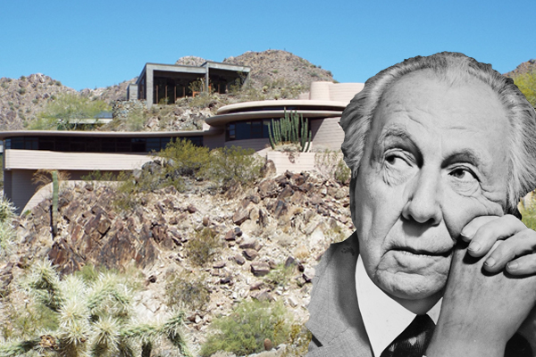 Architect Frank Lloyd Wright, right; his Norman Lykes House,1959-1967, left. (Credit: Marine 69-71/Wikimedia Commons, back)
