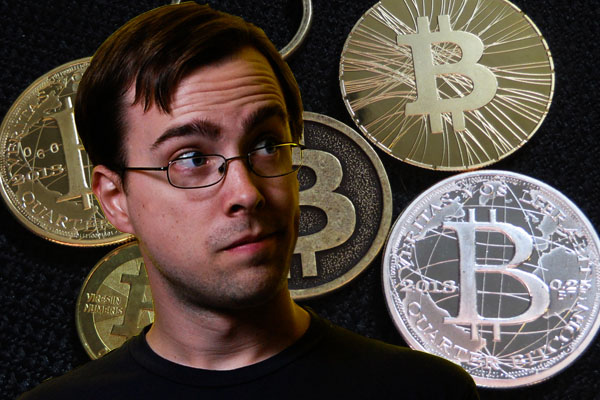 Stock photo of man with Bitcoin merchandise behind. (Credit: BTC Keychain/Flickr, back; Ryan Hyde/Flickr, front)