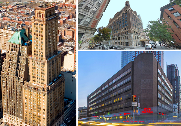 Clockwise from left: 16 Court Street, 21 Clark Street and 30 Flatbush Avenue (Credit: SL Green, Google Maps and JLL)