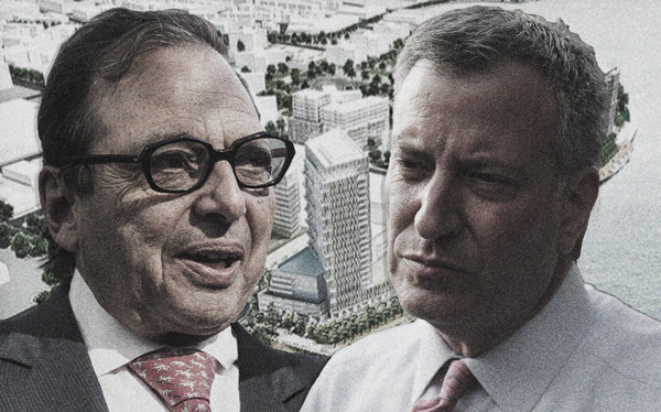From left: Douglas Durst, a rendering of Halletts Point and Mayor Bill de Blasio (Credit: Getty Images)
