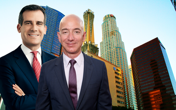 Los Angeles Skyline with Mayor Eric Garcetti and Jeff Bezos (Credit: Wikimedia Commons and Getty Images)