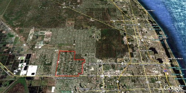 Satellite view of Loxahatchee Groves (outlined in red) in central Palm Beach County (Source: Google Maps)