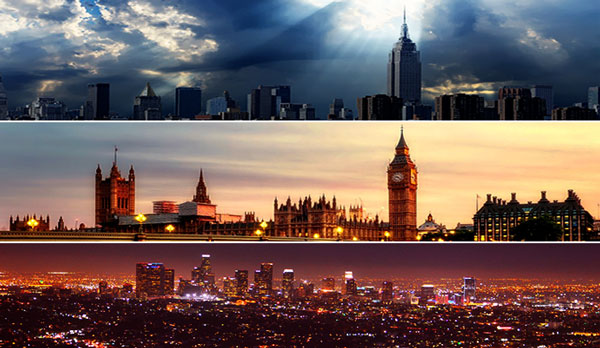 New York City, London, and Los Angeles skyline (Credit: Pixabay, Pxhere)