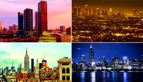 Miami, Los Angeles, New York City and Chicago skylines (Credit: Max Pixel, Public Domain Pictures, Pexels)