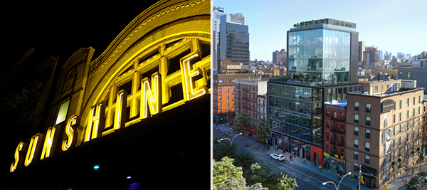 From left: Marque at Sunshine Cinema (credit: Wikimedia Commons) and rendering of office space set to take its spot (credit: Real Estate Arts)