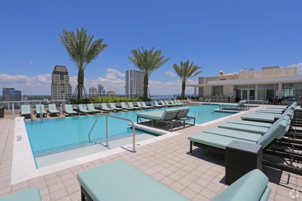 The rooftop pool at the Camden Pier District apartment building in St. Petersburg