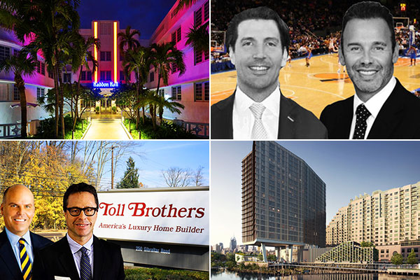 Clockwise from top left: Miami's Hall South Beach hotel sold for $58 million, Elliman's Gordon von Broock and Jay Phillip Parker will relaunch a sports and entertainment division, Ensemble Investments is proposing a 22-story residential tower in Philadelphia, and Doug Yearley and David Von Spreckelsen of Toll Brothers.