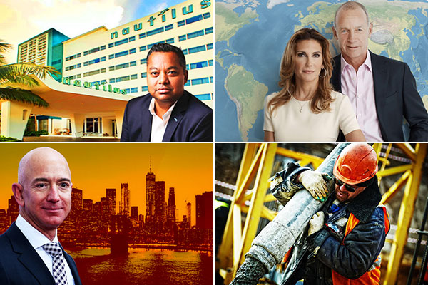Clockwise from top left: Miami's Nautilus South Beach is for sale, Brown Harris Stevens lines up 30 brokerages for global network, U.S. homebuilder confidence fell slightly in January, and Amazon narrows its HQ2 search to 20 cities.