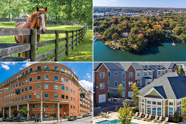 Clockwise from top left: The race is on for equestrian estates in Westchester, luxury sales along Fairfield's Gold Coast start to move, Avalon sold its community in Shelton, and AMS bought the office building at 86 Main St. in Yonkers.