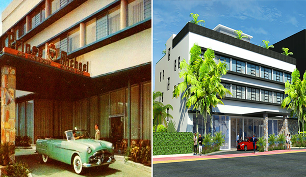 From left: Postcard of 2618 Collins Avenue circa 1950, rendering of plans for 2618 Collins Avenue