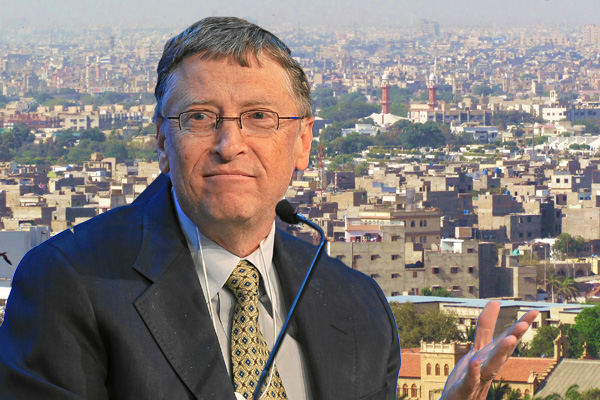 From back: Karachi from above; Bill Gates at the World Economic Forum in 2013. (Credit Bilalhassan88; World Economic Forum/Sebastian Derungs)