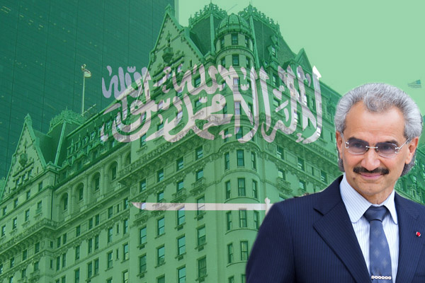 From back: The Plaza Hotel, Saudi Arabia's flag and Prince Alwaleed bin Talal (Credit: Pixabay; Getty Images)