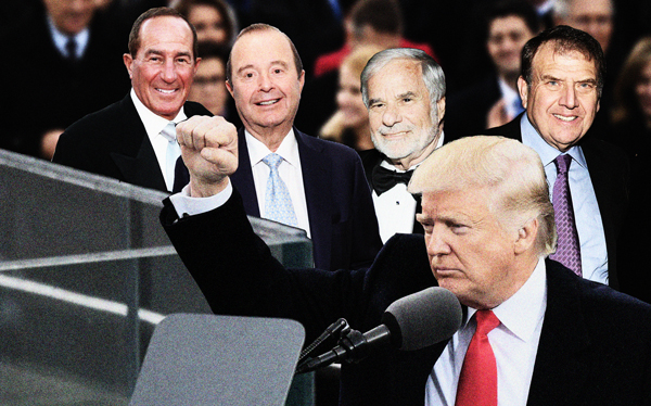 From left: Geoff Palmer, Joe Cayre, Bennett Lebow, President Donald Trump and Richard LeFrak (Photo illustration by Lexi Pilgrim for The Real Deal | Credit: Getty Images)