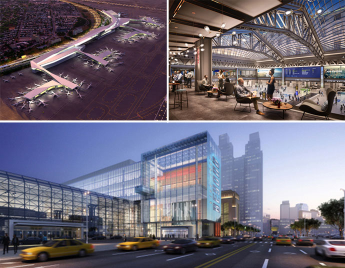 (clockwise from top l.) LaGuardia Airport, Moynihan Station and the Jacob Javits Center