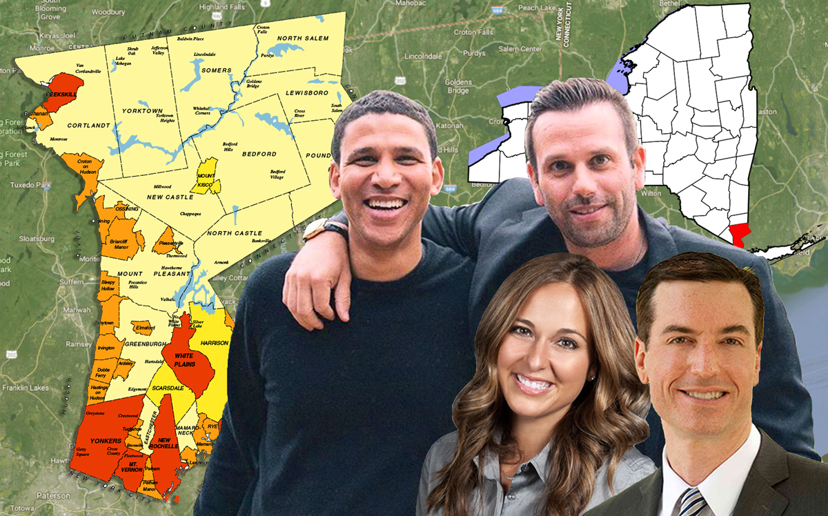 Maps of Westchester County, Robert Reffkin, Ori Allon, Heather and Zach Harrison (Credit: Google Maps, Instagram and Platinum Drive Realty)