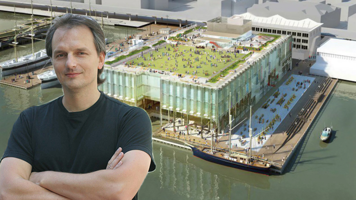 Andrew Carmellini and a rendering of Pier 17 (Credit: Andrew Carmellini and SHoP Architects)