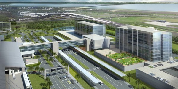 Rendering of a planned office building with a landscaped terrace (right) at Tampa International Airport. (Credit: Business Observer)