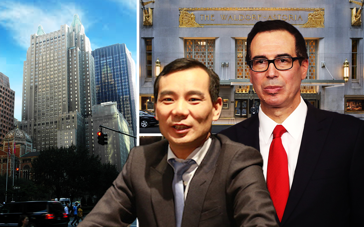 The Waldorf Astoria, Wu Xiaohui and U.S. Treasury Secretary Steven Mnuchin (Credit: Getty Images)