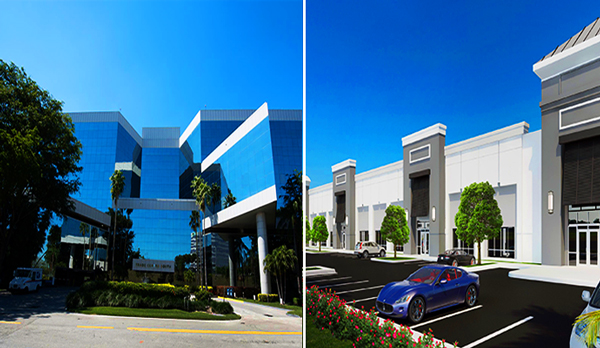 Trade Centre South and rendering of Pompano Center of Commerce II (Credit: Avison Young and Cushman &amp; Wakefield)