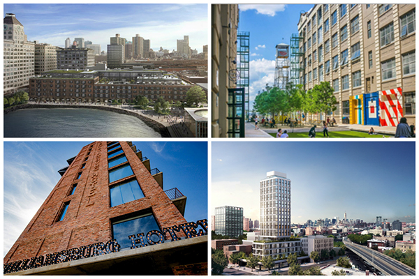 <em>Clockwise from top left: Empire Stores, Industry City, Dime Savings Bank and the Williamsburg Hotel </em>