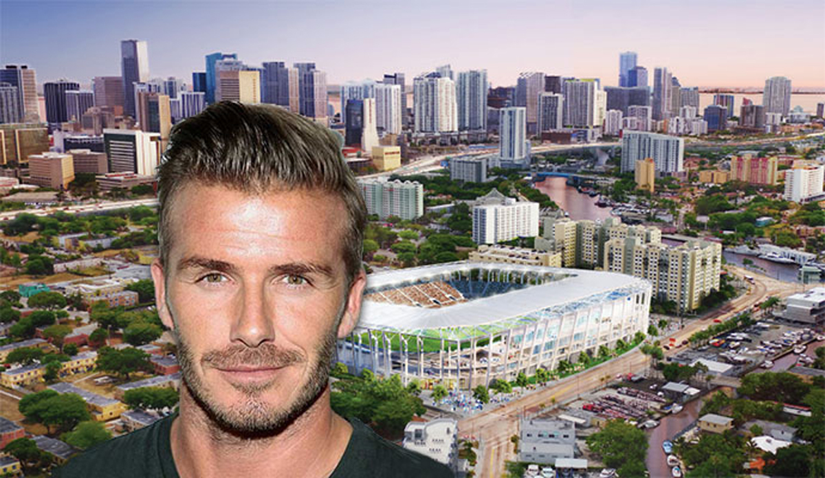 David Beckham and rendering the proposed soccer stadium in Overtown (Credit: Miami Beckham United)