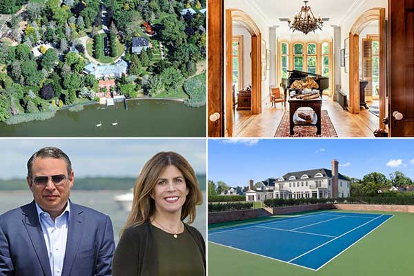 Clockwise from top left: Ron Perelman's The Creeks in East Hampton, the Nathan P. Howell estate in Sag Harbor, a Southampton summer rental for $495K, and Meg Salem and Andrew Saunders face off in court.