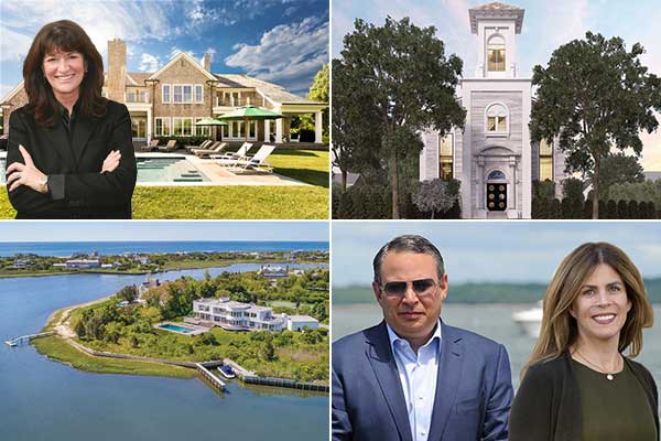 Clockwise from top left: Judi Desiderio of Town &amp; Country Real Estate, a 19th Century church turned modern home in Sag Harbor, Andrew Saunders and Meg Salem, and a waterfront mansion in Quogue sold for $8.3 million.