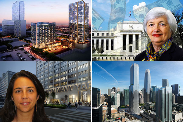 Clockwise from top left: L.A.'s Indigo Hotel is on the block for $280 million, Janet Yellen ended her tenure at the Fed, developers submitted a revised design for San Francisco's fourth-tallest tower, and Clare Newman of Brooklyn Navy Yard Development Corporation plans a $2.5 billion development.