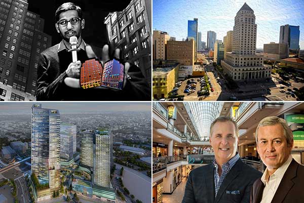 Clockwise from top left: Google CEO Sundar Pichai and his NYC buildings, the Miami-Dade Courthouse will be sold off, HPP’s Victor Coleman and Macerich’s Art Coppola are working out a deal for the Westside Pavilion, and the View at Tysons will boast the tallest tower in the Washington, D.C. area.