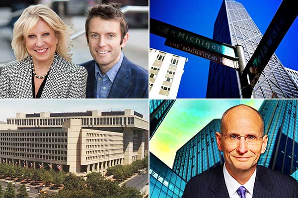 Clockwise from top left: Kathy Korte and Brendan Fairbanks of Perchwell, Chicago's signature tower is no longer the John Hancock Center, CBRE President &amp; Chief Executive Officer Bob Sulentic, and the FBI's J. Edgar Hoover Building.