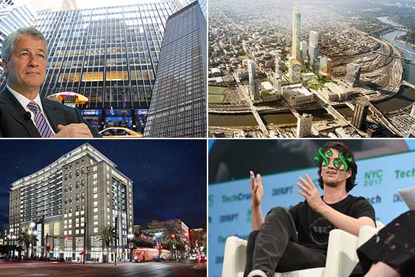 Clockwise from top left: JPMorgan Chase’s Jamie Dimon, a rendering of the Schuylkill Yards project in Philadelphia, WeWork founder Adam Neumann, and the planned Hard Rock Hotel in New Orleans.