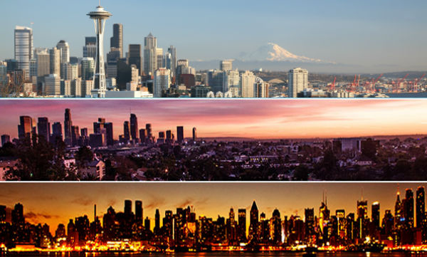 Seattle, Los Angeles and New York City skylines (Credit: Wikimedia Commons)