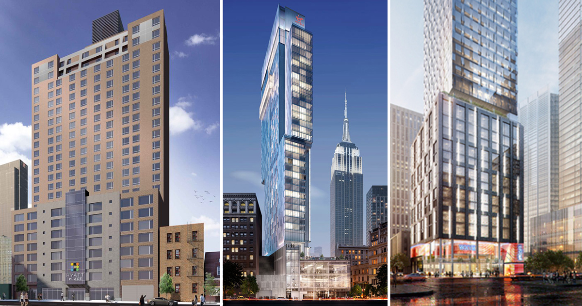 From left: Renderings of the Hyatt Place hotel at 350 West 39th Street, the Virgin Hotel and 450 11th Avenue (Credit: Gene Kaufman, VOA Architects and DSM Design Group)