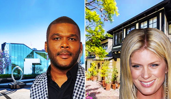 Tyler Perry and his estate, Rachel Hunter and her estate (Credit: IMDB, Coldwell Banker, Wikimedia Commons)