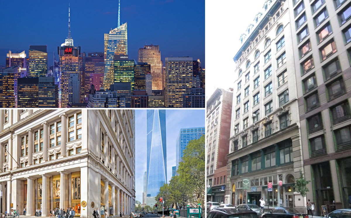 Clockwise from top left: 4 Times Square, 18 West 18th Street and 195 Broadway